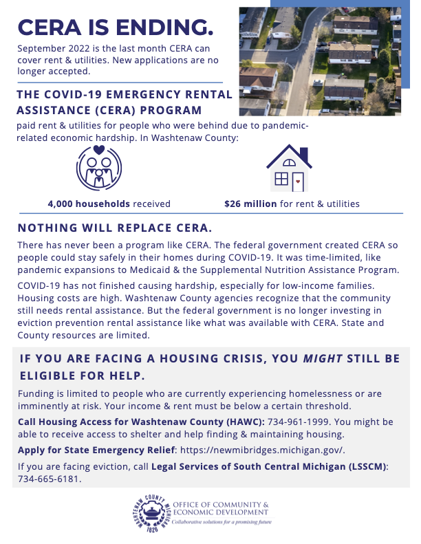 Informational flyer announcing the official end of the COVID-19 Emergency Rental Assistance program. CERA is no longer accepting applications and all payments will stop in September 2022. Approximately 4,000 households in Washtenaw County received a combined $26 million in assistance for rent and utilities through CERA.  Washtenaw County service providers acknowledge that the housing crisis is ongoing, and that COVID-19 continues to impact low-income families in particular. The Federal Government is no longer investing in eviction protection rental assistance, however, and local resources are limited.  If you are facing a housing crisis, you might still be eligible for help: Call Housing Access for Washtenaw County at (734)-961-1999 if you need access to shelter and/or need help finding and maintaining housing.  Apply for State Emergency Relief at www.newmibridges.michigan.gov  If facing eviction call Legal Services of South Central Michigan at (734)-665-6181